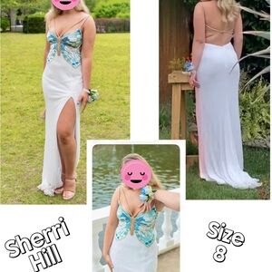 Sherri Hill White Sequin Gown with Turquoise and Gold Butterfly🦋 Embellishment